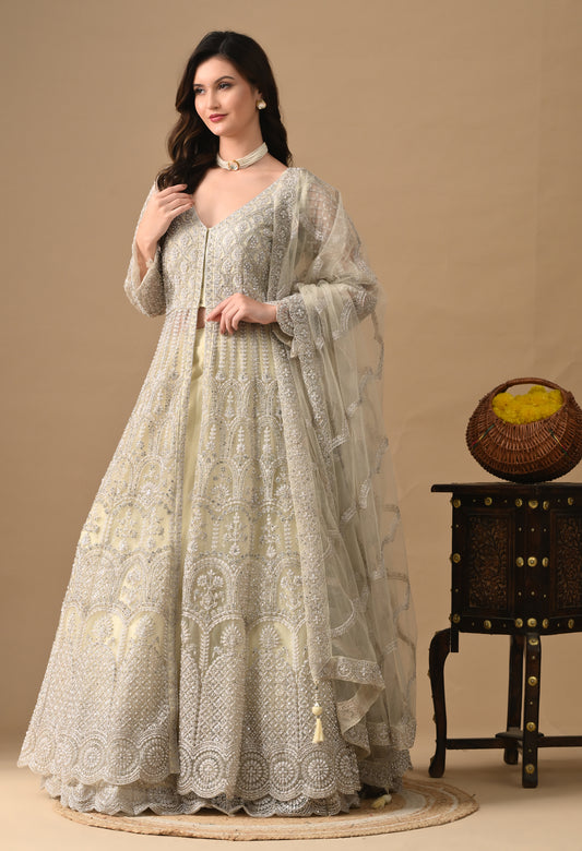 Green Net Lehenga with Crystal Embellishments
