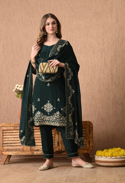 Gracious Bottle Green Kurta Set with Zardozi and Sequence Work