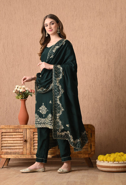 Gracious Bottle Green Kurta Set with Zardozi and Sequence Work