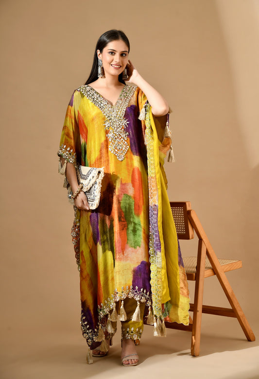 Multicolor Yellow Kaftaan Set with Gotta & Mirror Work