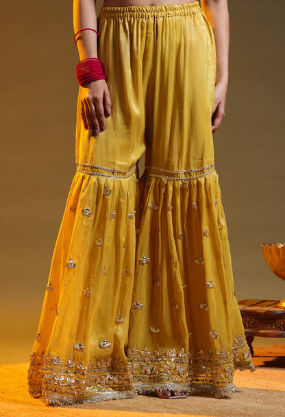 Yellow Tissue Organza Gotta–Mirror–Zardozi Gharara Set