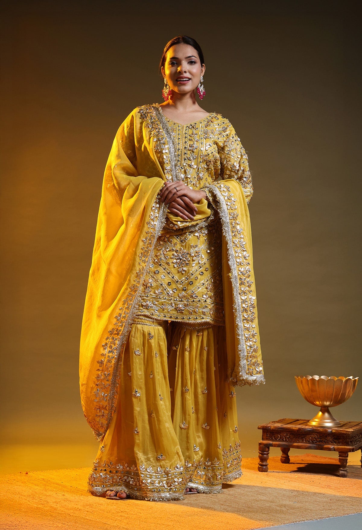 Yellow Tissue Organza Gotta–Mirror–Zardozi Gharara Set