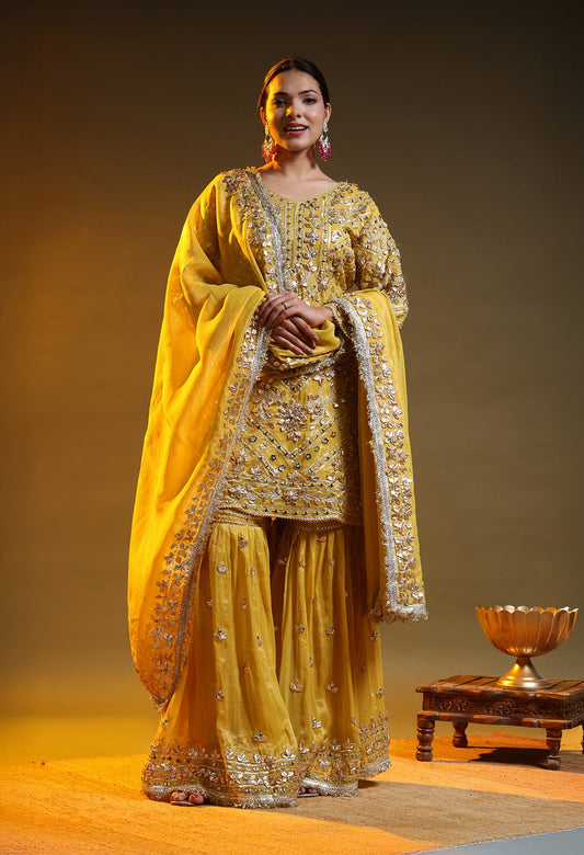 Yellow Tissue Organza Gotta–Mirror–Zardozi Gharara Set