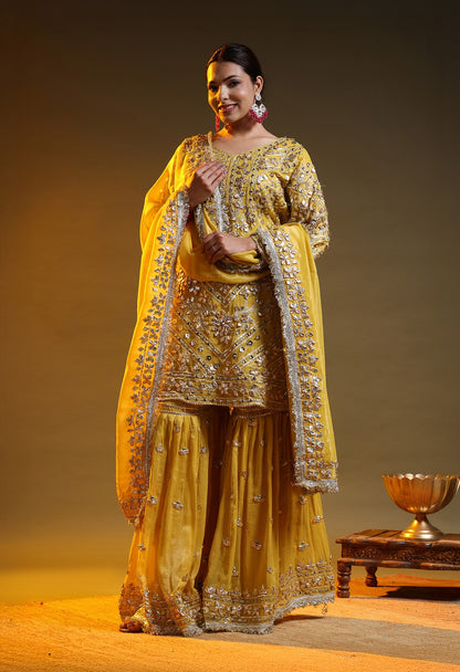 Yellow Tissue Organza Gotta–Mirror–Zardozi Gharara Set