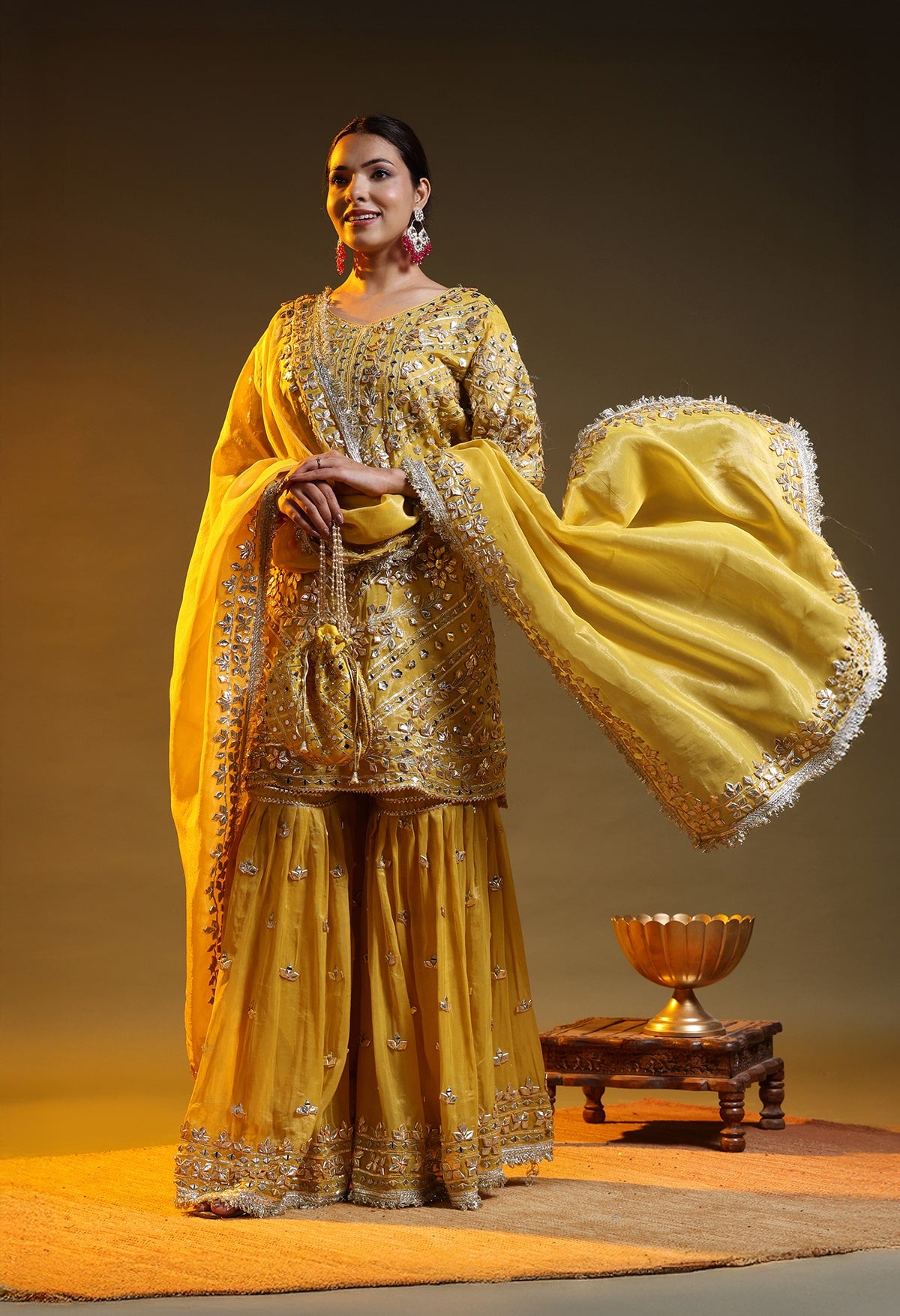 Yellow Tissue Organza Gotta–Mirror–Zardozi Gharara Set