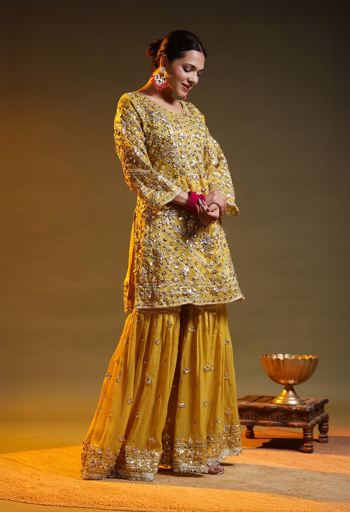 Yellow Tissue Organza Gotta–Mirror–Zardozi Gharara Set