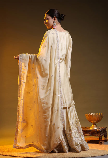 Golden Satin Silk & Organza Sequin–Cutdana–Pearl Sharara Set