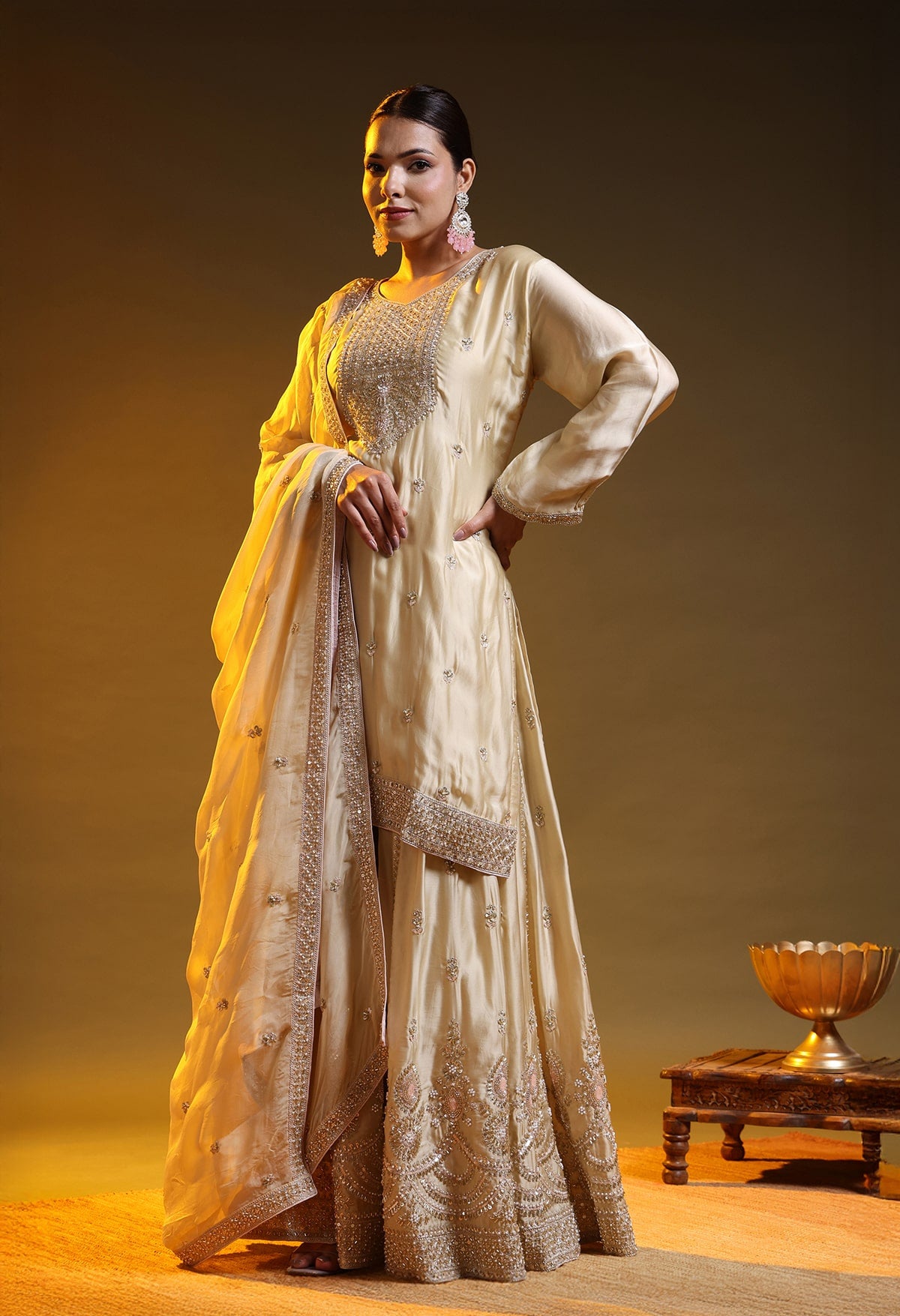 Golden Satin Silk & Organza Sequin–Cutdana–Pearl Sharara Set