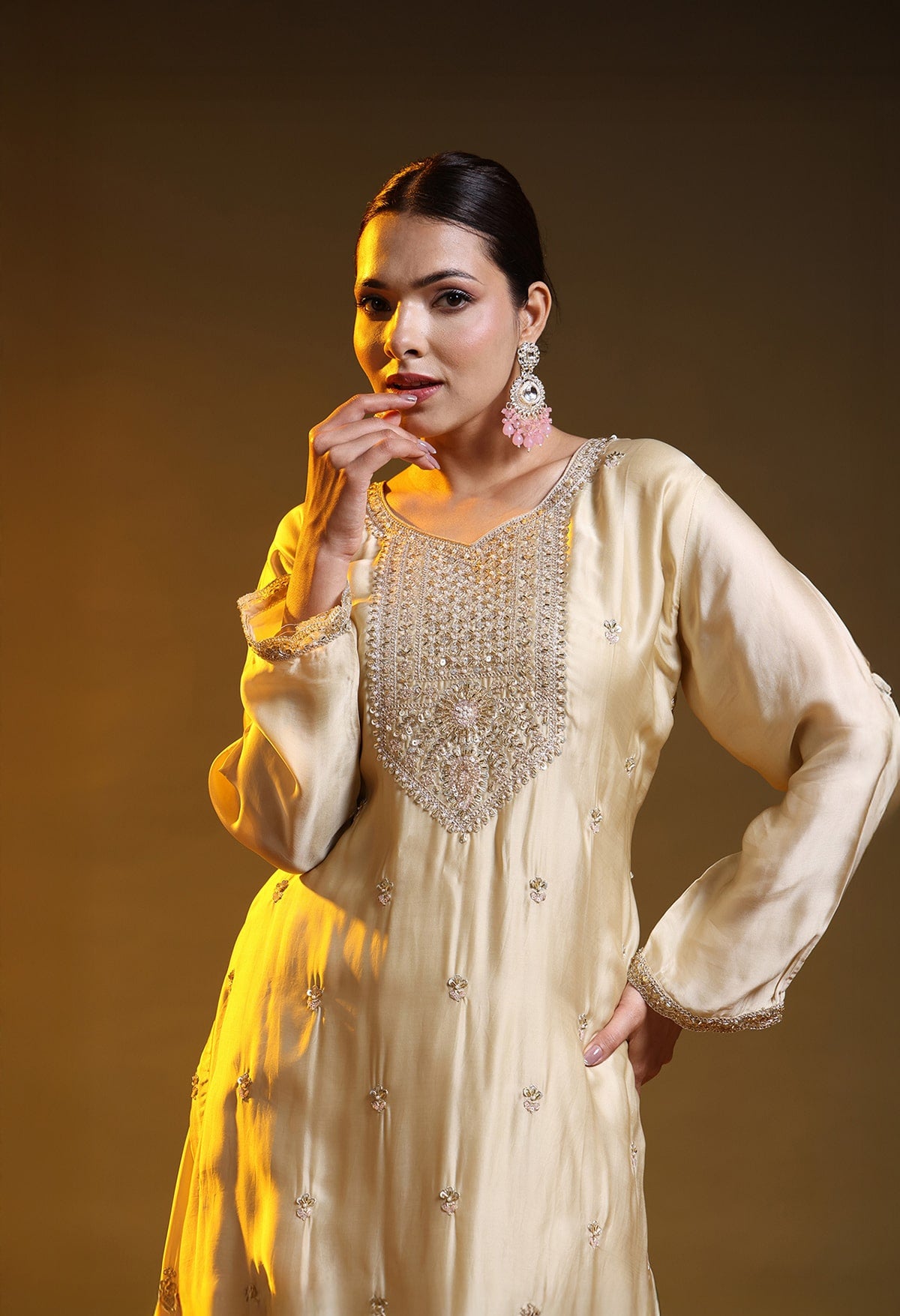 Golden Satin Silk & Organza Sequin–Cutdana–Pearl Sharara Set