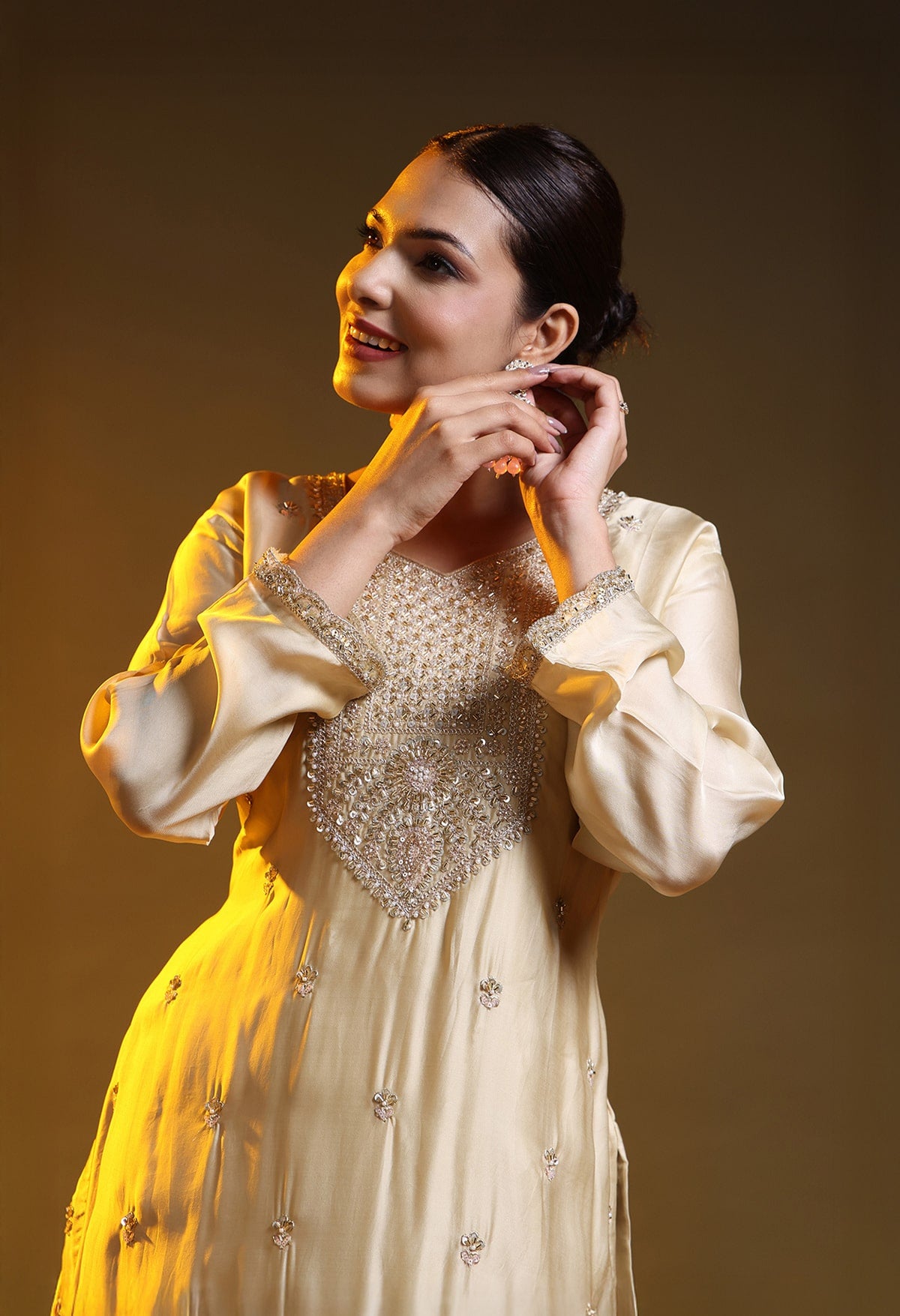 Golden Satin Silk & Organza Sequin–Cutdana–Pearl Sharara Set