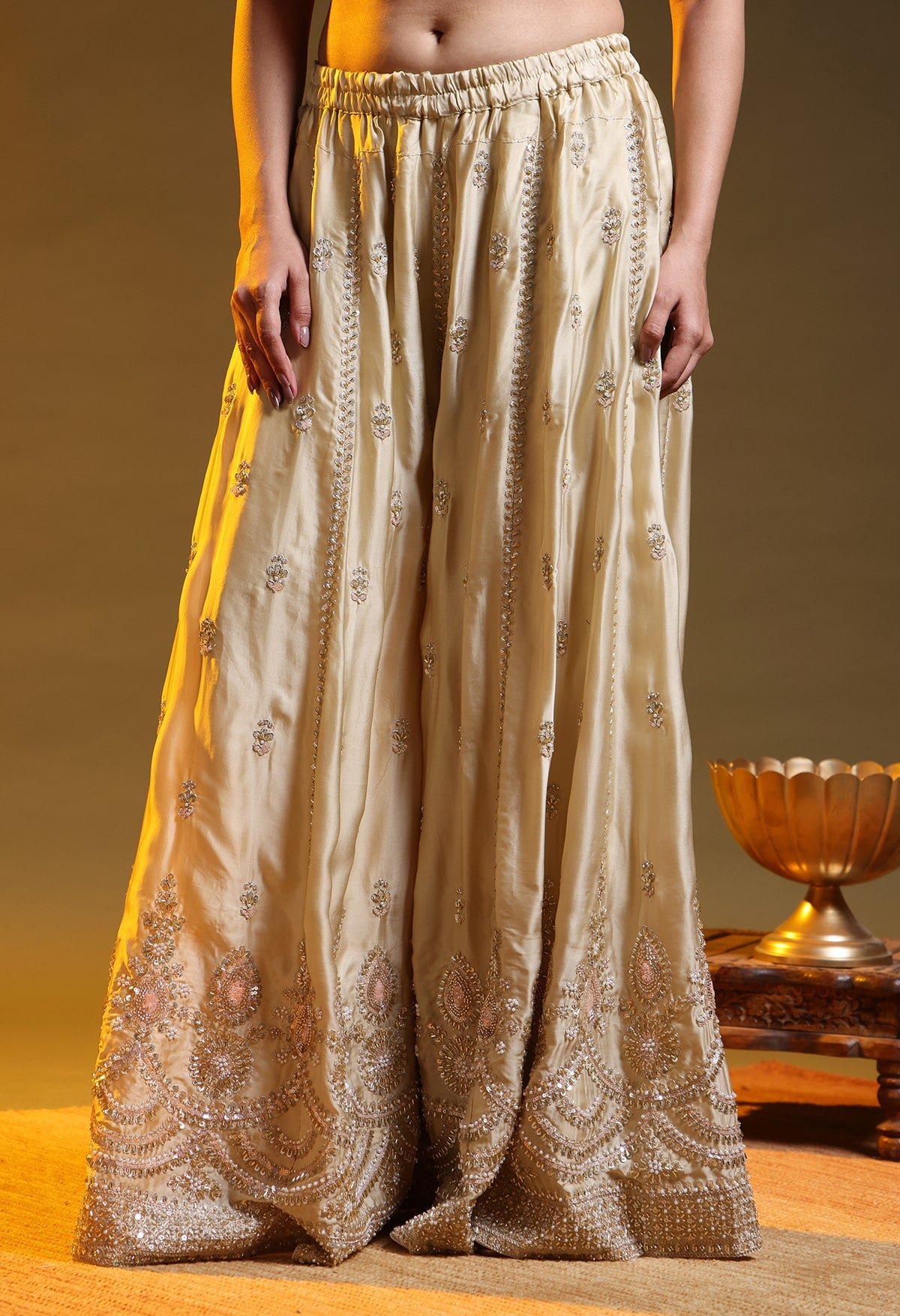 Golden Satin Silk & Organza Sequin–Cutdana–Pearl Sharara Set