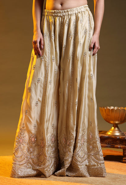 Golden Satin Silk & Organza Sequin–Cutdana–Pearl Sharara Set