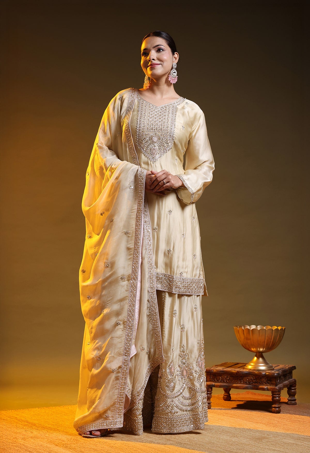 Golden Satin Silk & Organza Sequin–Cutdana–Pearl Sharara Set