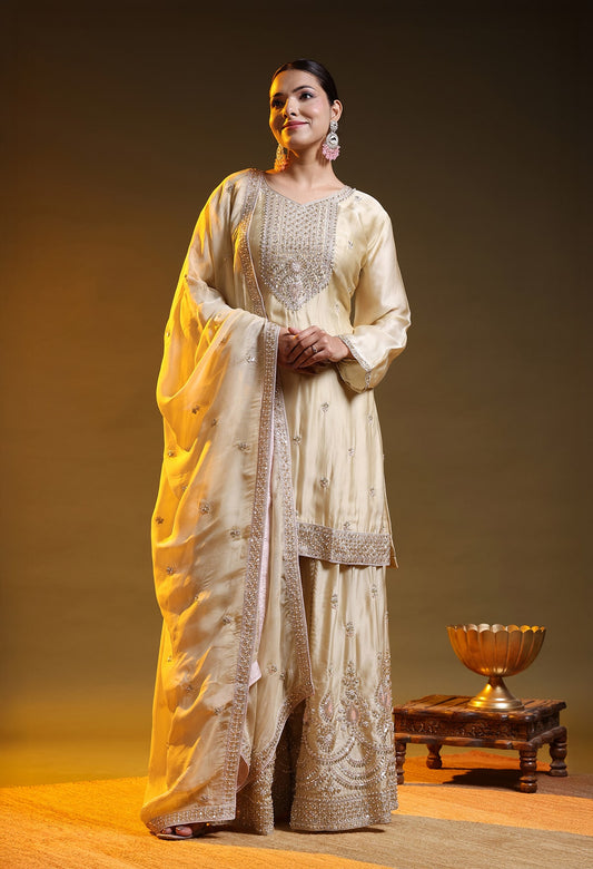 Golden Satin Silk & Organza Sequin–Cutdana–Pearl Sharara Set