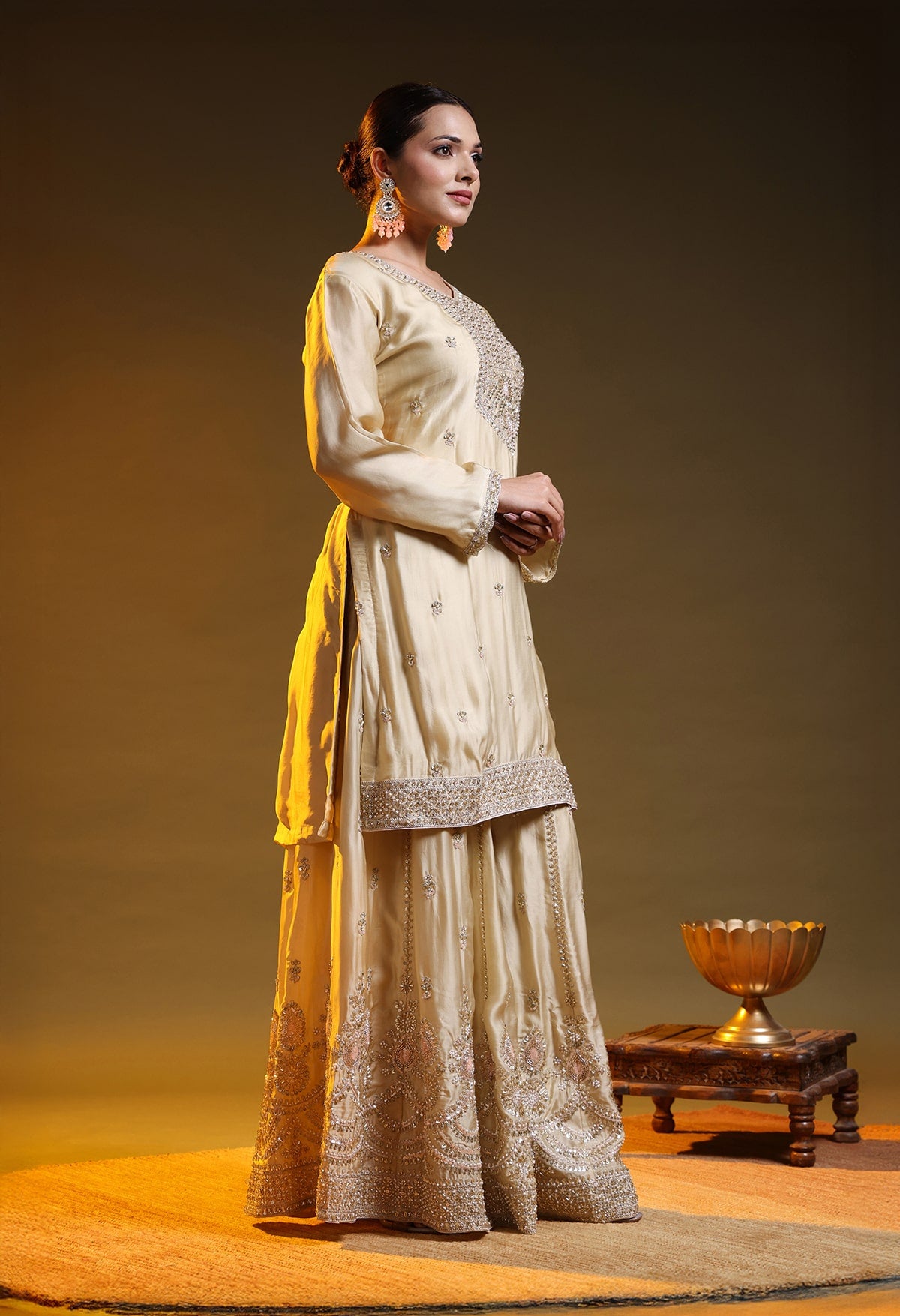 Golden Satin Silk & Organza Sequin–Cutdana–Pearl Sharara Set