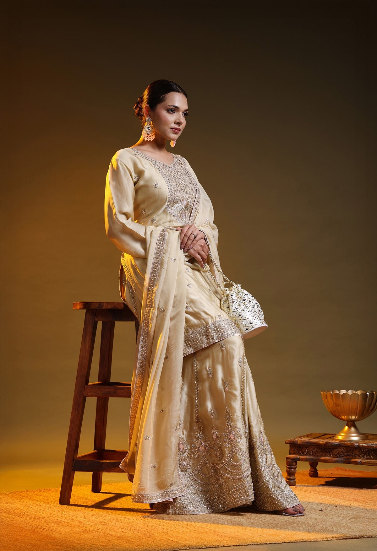 Golden Satin Silk & Organza Sequin–Cutdana–Pearl Sharara Set