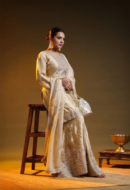 Golden Satin Silk & Organza Sequin–Cutdana–Pearl Sharara Set