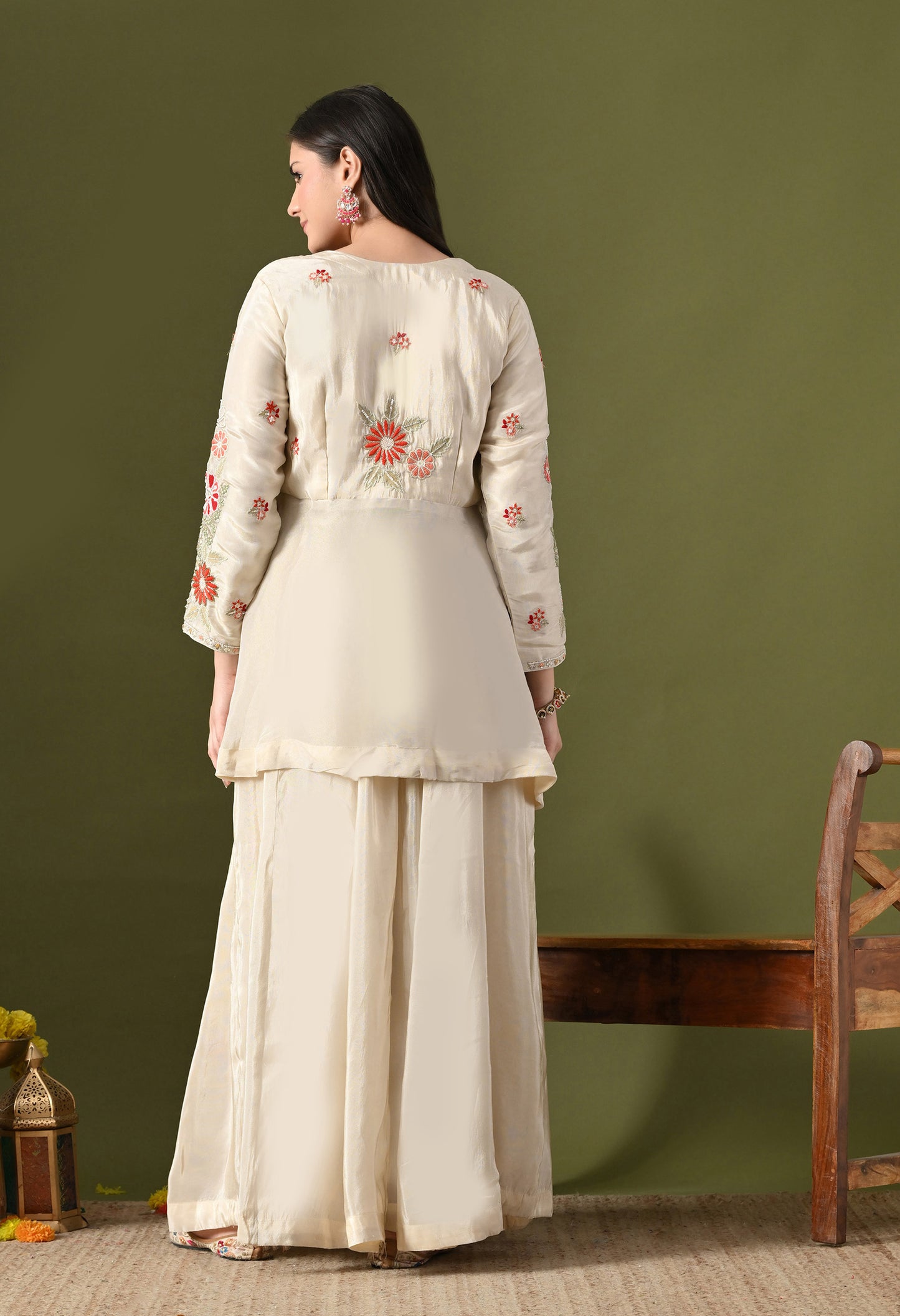 Golden Cream Tissue Crepe Thread–Pearl–Sequin–Cutdana Sharara Set