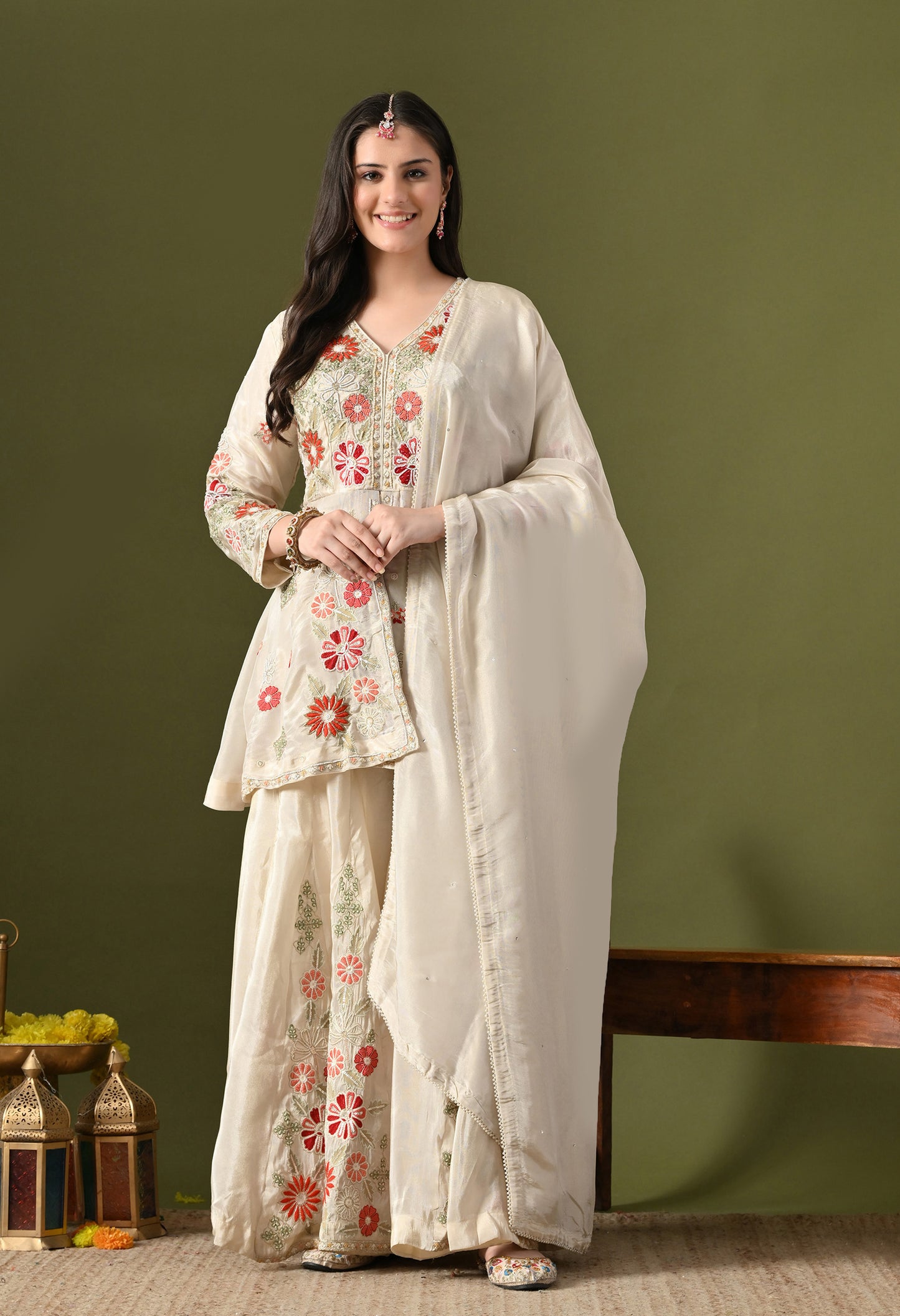 Golden Cream Tissue Crepe Thread–Pearl–Sequin–Cutdana Sharara Set