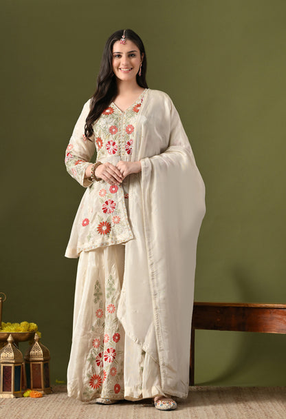 Golden Cream Tissue Crepe Thread–Pearl–Sequin–Cutdana Sharara Set