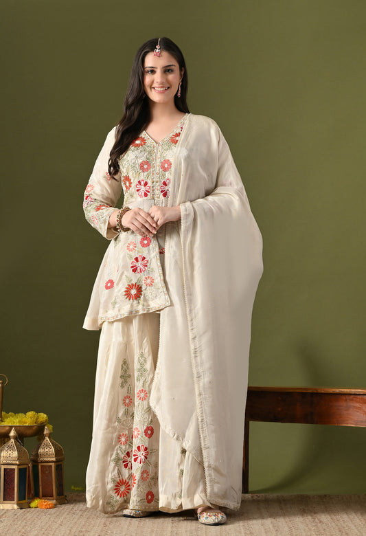 Golden Cream Tissue Crepe Thread–Pearl–Sequin–Cutdana Sharara Set