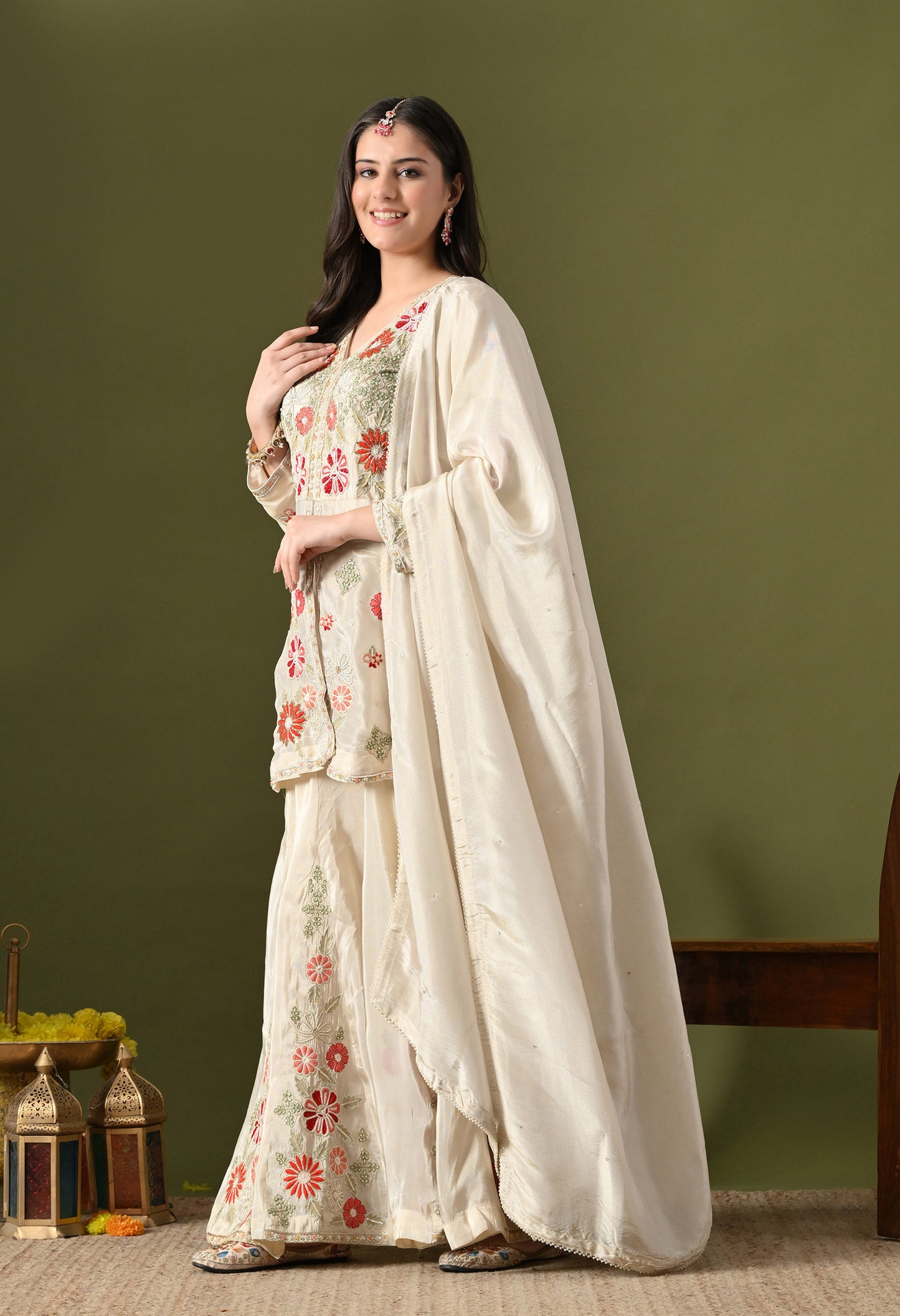 Golden Cream Tissue Crepe Thread–Pearl–Sequin–Cutdana Sharara Set