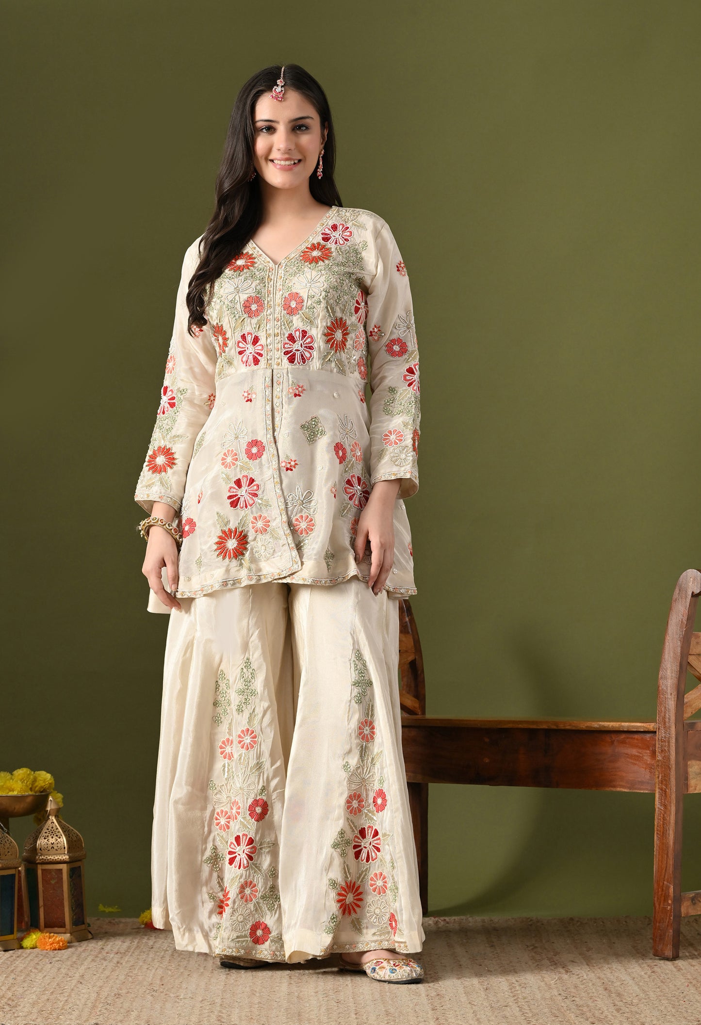 Golden Cream Tissue Crepe Thread–Pearl–Sequin–Cutdana Sharara Set