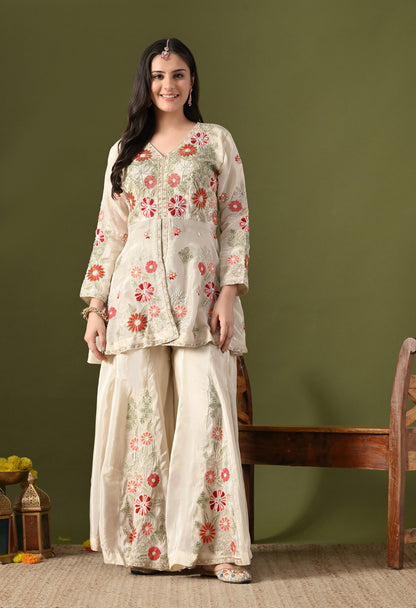 Golden Cream Tissue Crepe Thread–Pearl–Sequin–Cutdana Sharara Set