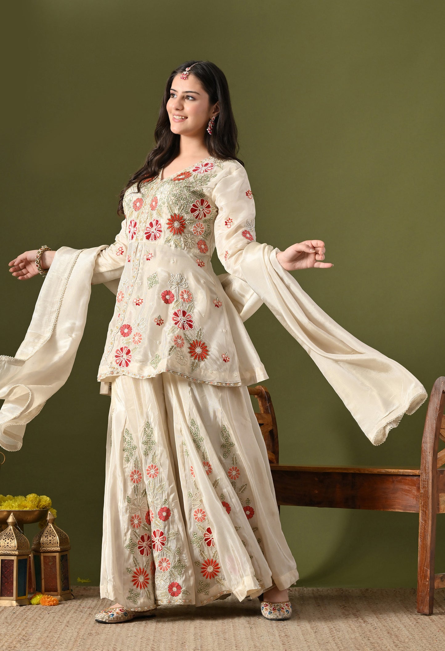 Golden Cream Tissue Crepe Thread–Pearl–Sequin–Cutdana Sharara Set