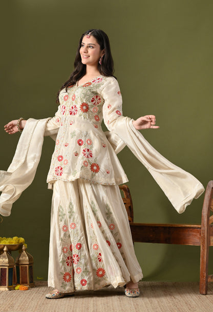 Golden Cream Tissue Crepe Thread–Pearl–Sequin–Cutdana Sharara Set