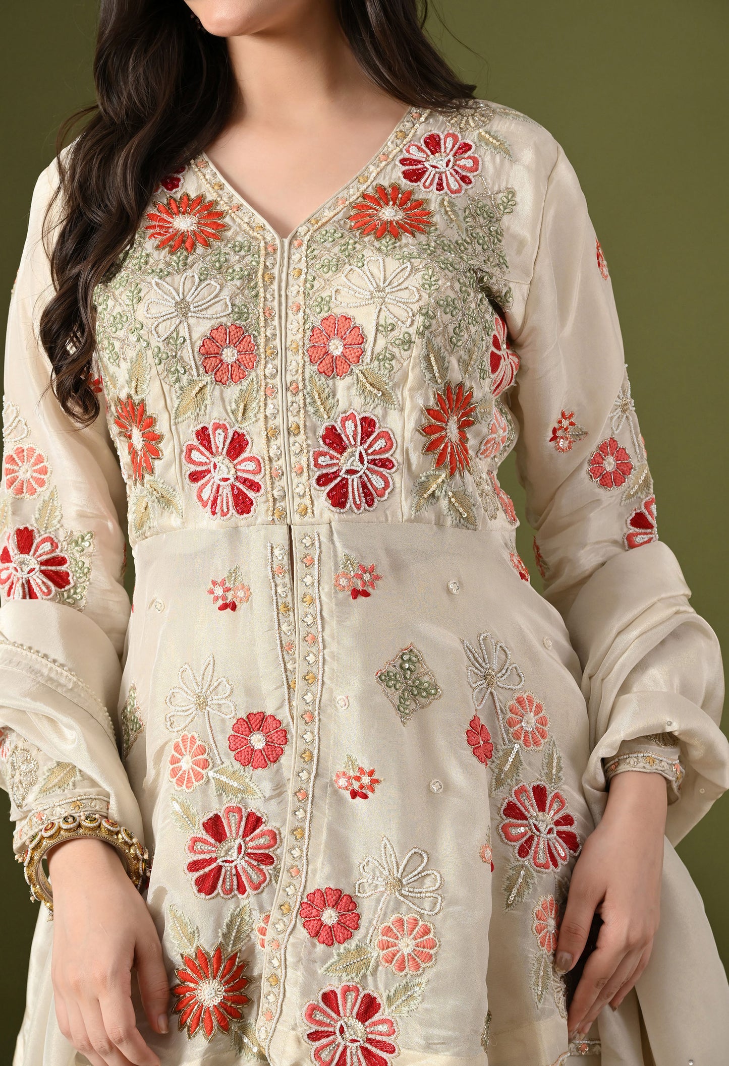 Golden Cream Tissue Crepe Thread–Pearl–Sequin–Cutdana Sharara Set