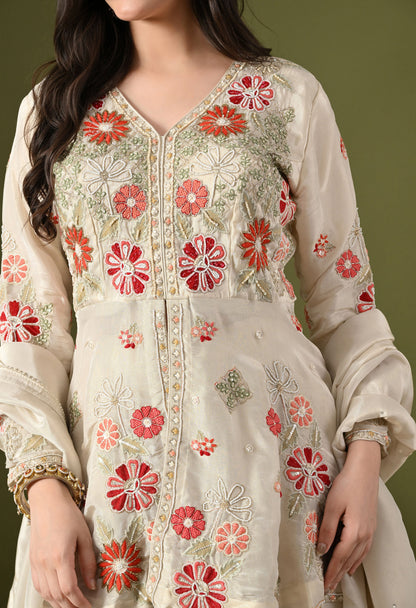 Golden Cream Tissue Crepe Thread–Pearl–Sequin–Cutdana Sharara Set