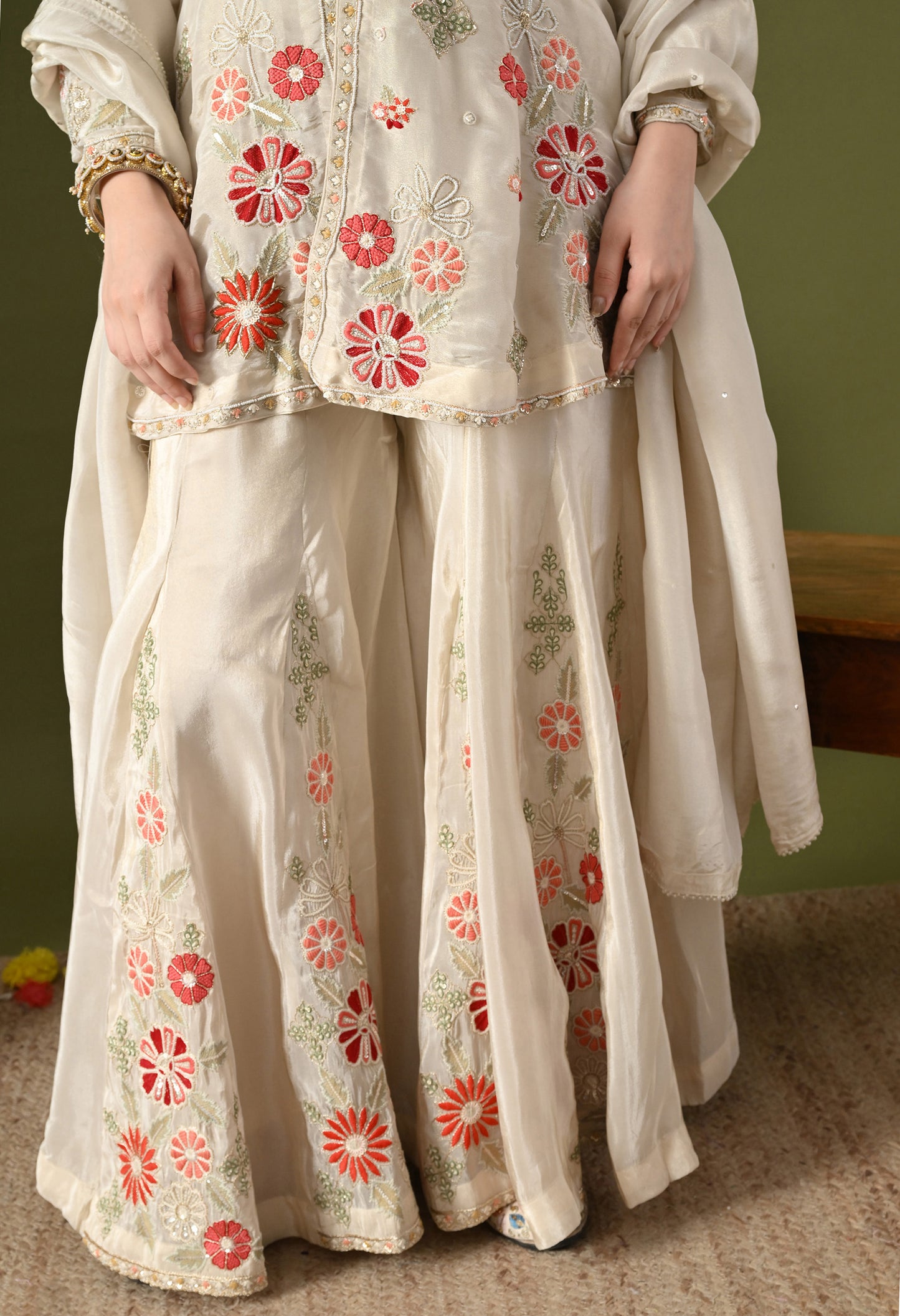 Golden Cream Tissue Crepe Thread–Pearl–Sequin–Cutdana Sharara Set