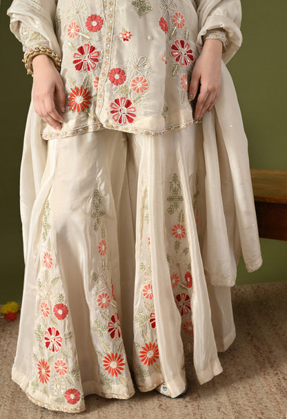 Golden Cream Tissue Crepe Thread–Pearl–Sequin–Cutdana Sharara Set