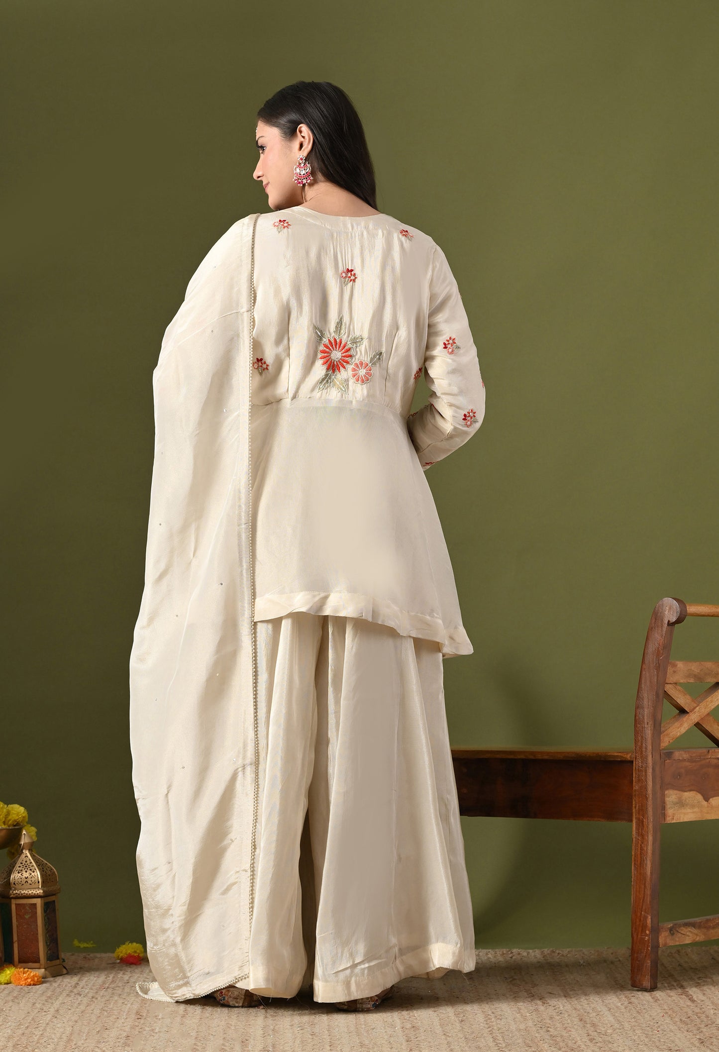 Golden Cream Tissue Crepe Thread–Pearl–Sequin–Cutdana Sharara Set