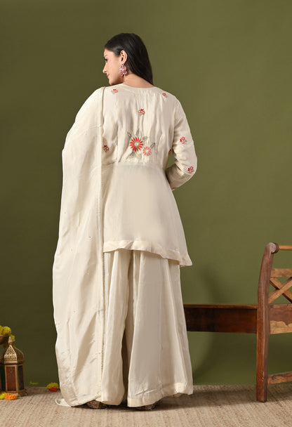 Golden Cream Tissue Crepe Thread–Pearl–Sequin–Cutdana Sharara Set