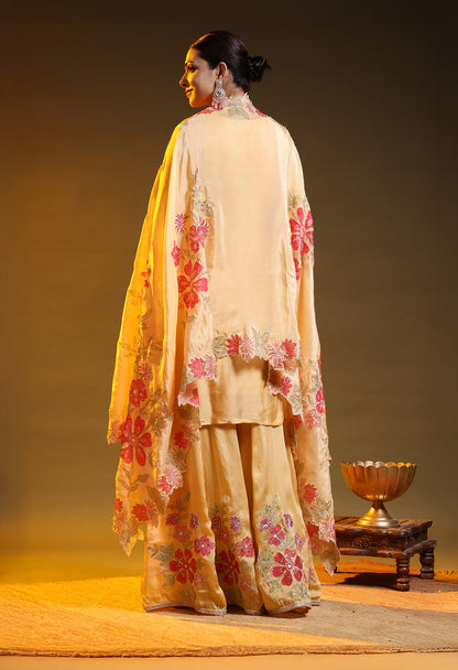 Yellow Crepe & Organza Zardozi–Sequin–Handpaint Sharara Set