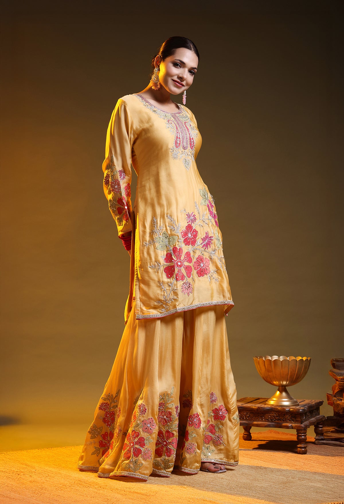 Yellow Crepe & Organza Zardozi–Sequin–Handpaint Sharara Set