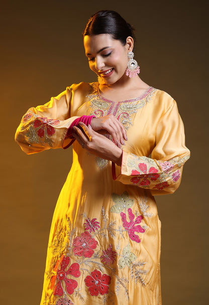Yellow Crepe & Organza Zardozi–Sequin–Handpaint Sharara Set
