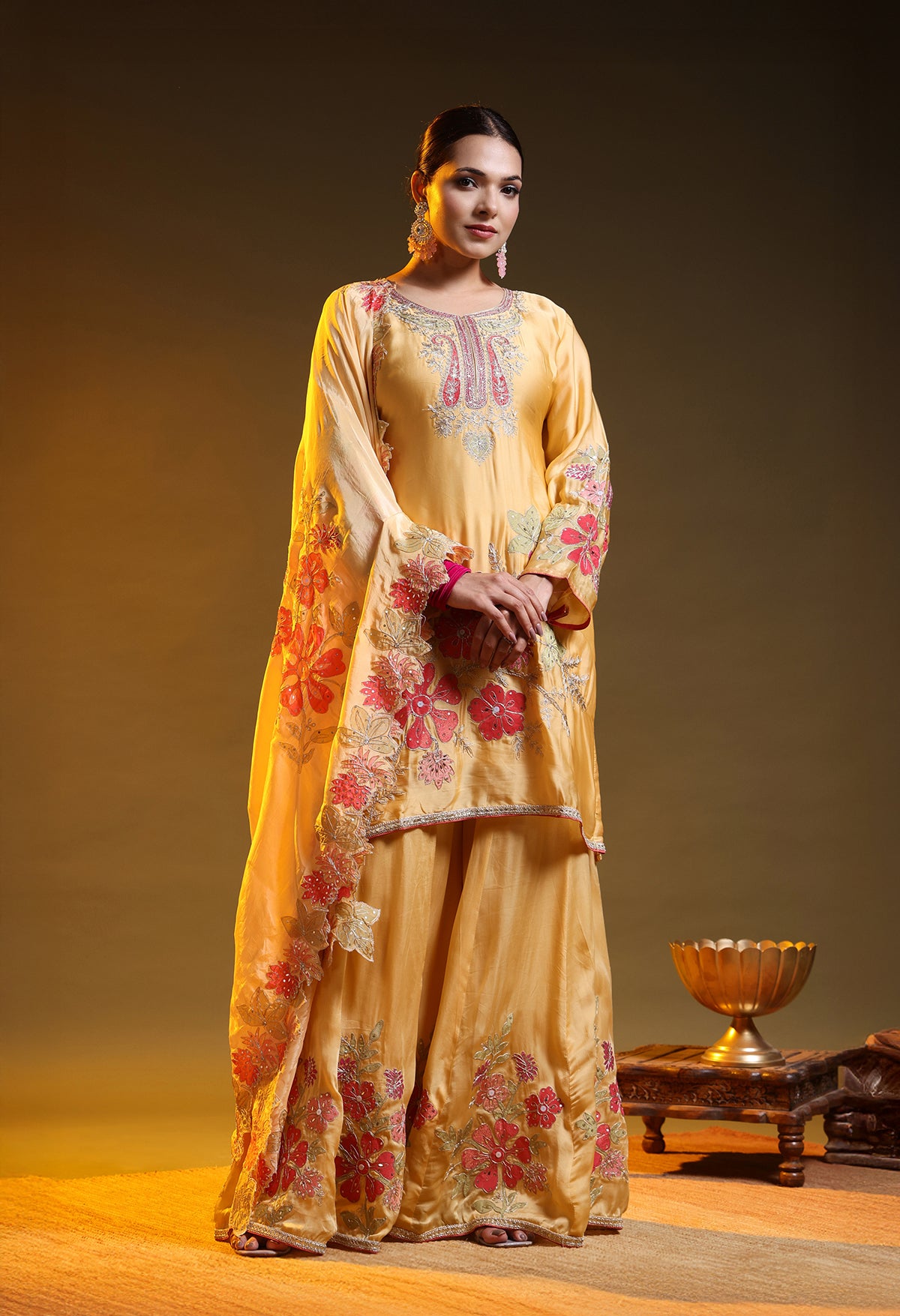 Yellow Crepe & Organza Zardozi–Sequin–Handpaint Sharara Set