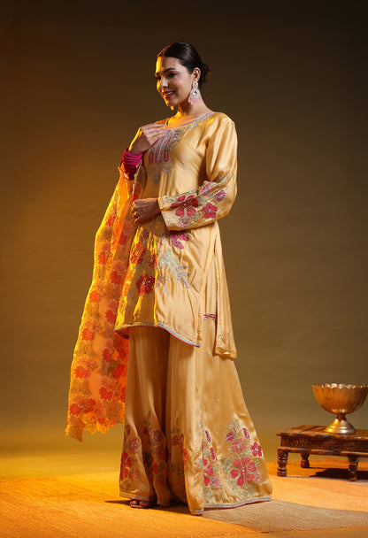 Yellow Crepe & Organza Zardozi–Sequin–Handpaint Sharara Set