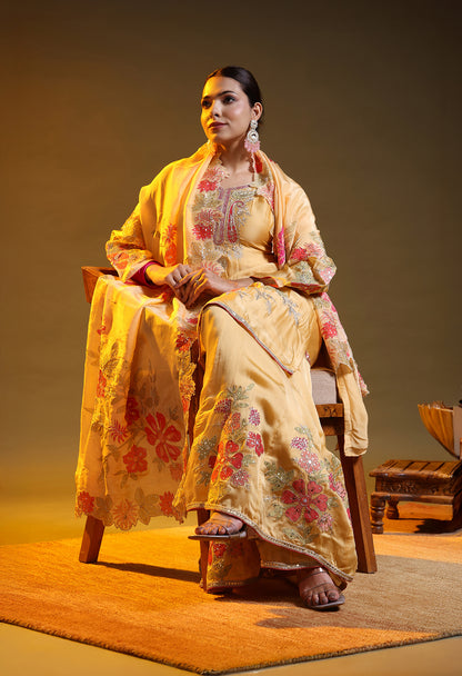 Yellow Crepe & Organza Zardozi–Sequin–Handpaint Sharara Set