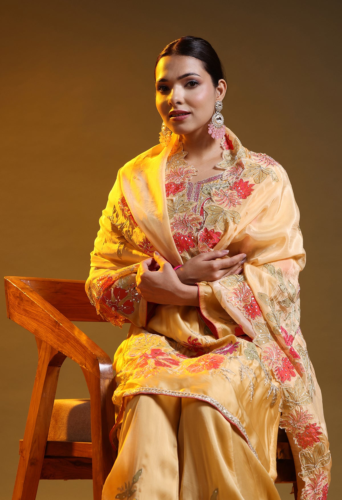 Yellow Crepe & Organza Zardozi–Sequin–Handpaint Sharara Set