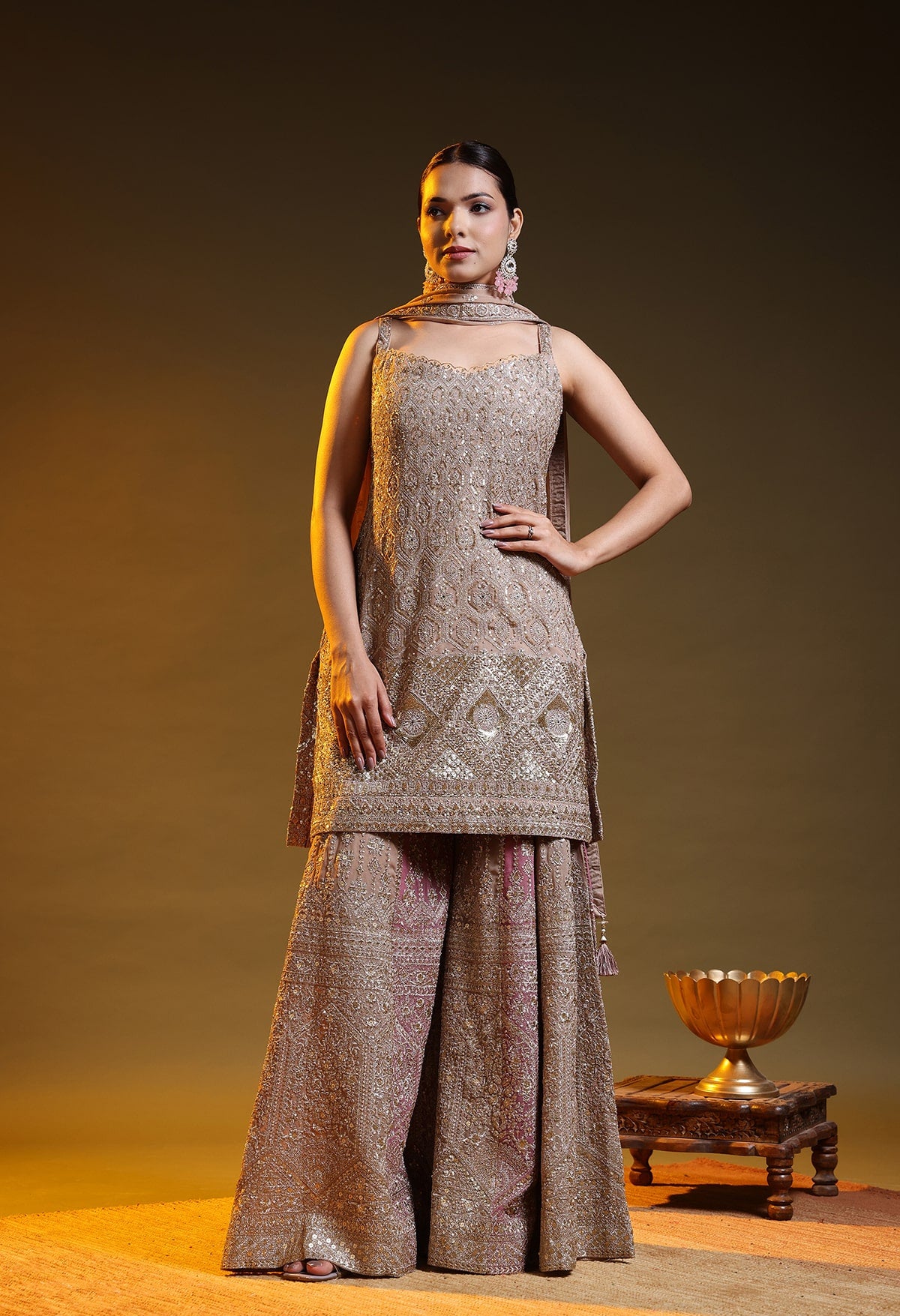 Golden Brown Georgette Zardozi–Sequin Sharara Set