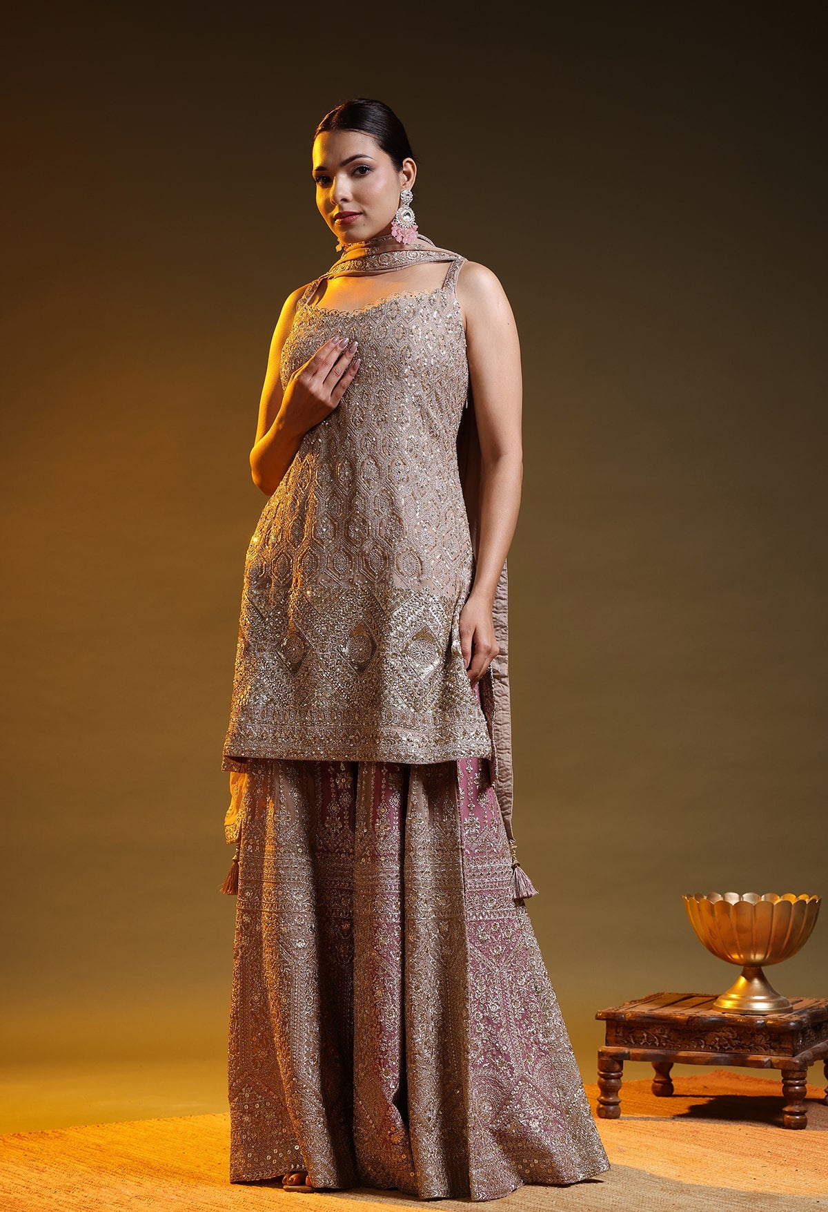 Golden Brown Georgette Zardozi–Sequin Sharara Set