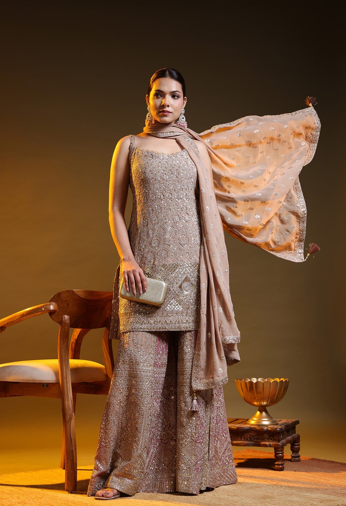 Golden Brown Georgette Zardozi–Sequin Sharara Set