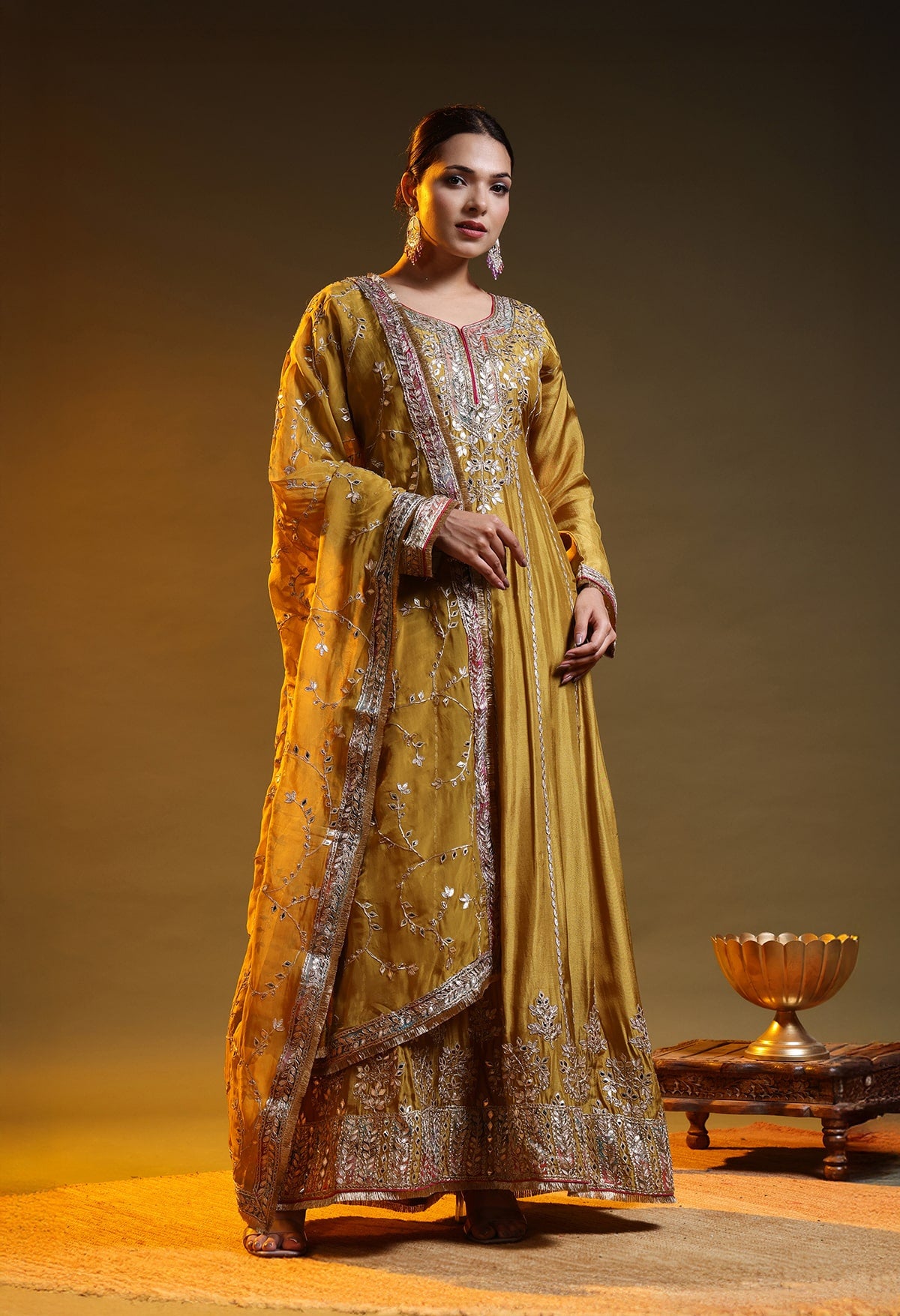 Greenish Yellow Crepe & Organza Gotta–Zardozi–Applique Anarkali Set