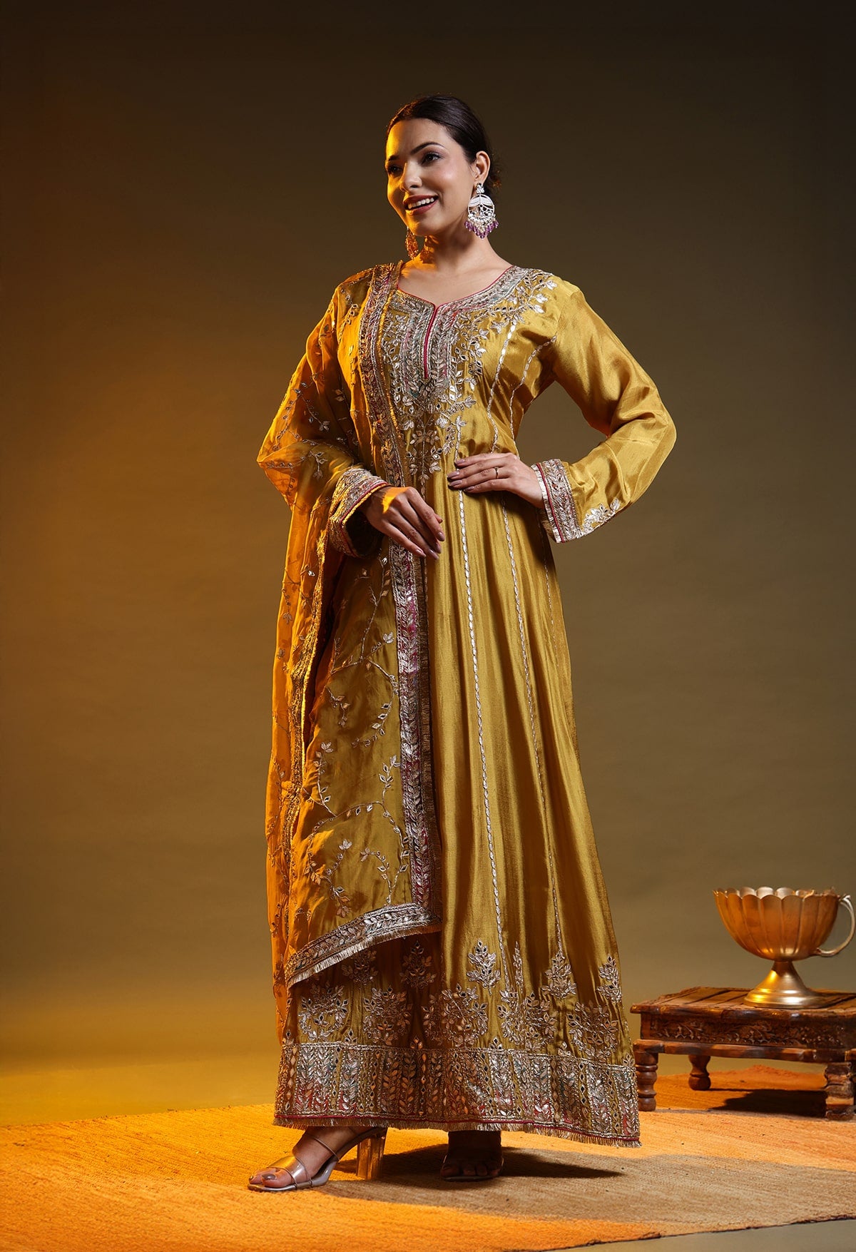 Greenish Yellow Crepe & Organza Gotta–Zardozi–Applique Anarkali Set