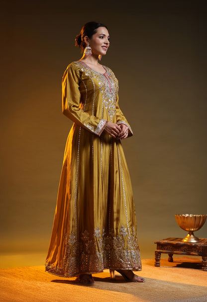 Greenish Yellow Crepe & Organza Gotta–Zardozi–Applique Anarkali Set