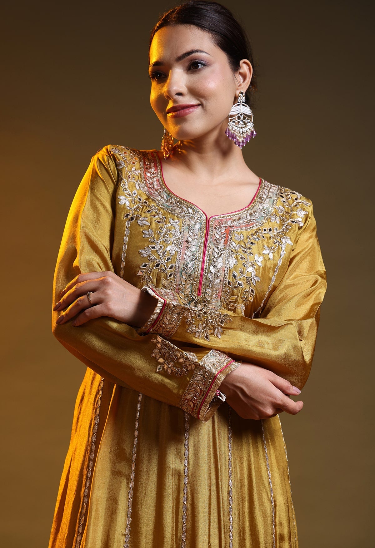 Greenish Yellow Crepe & Organza Gotta–Zardozi–Applique Anarkali Set